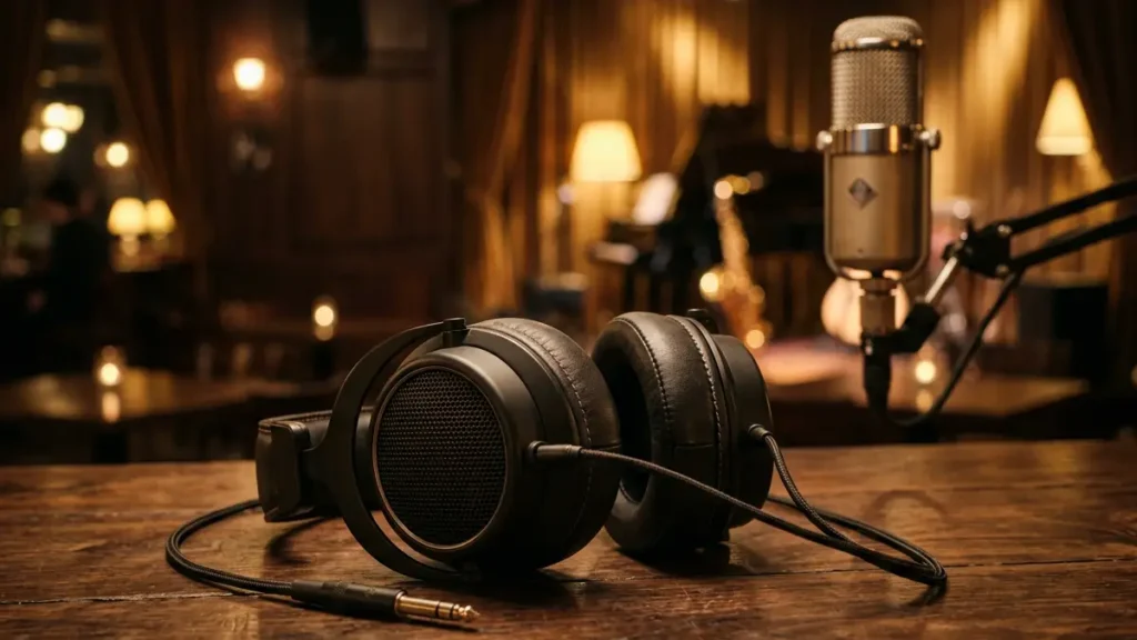 Best Studio Headphones by Music Genre for jazz with warm studio lighting and microphone