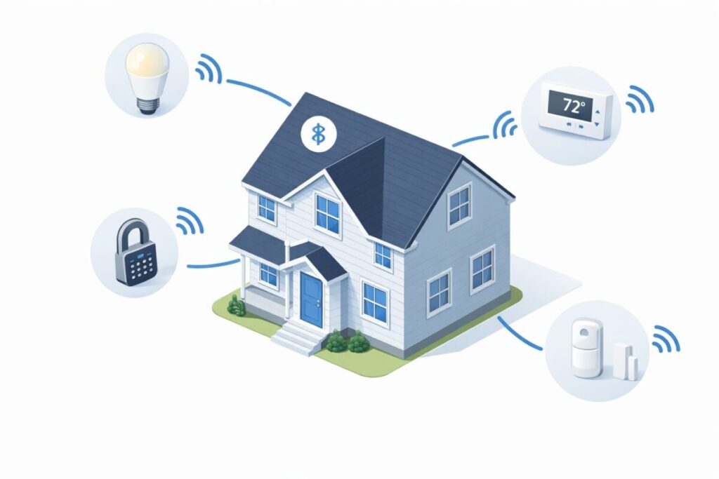 Smart home devices connected via Bluetooth mesh network.