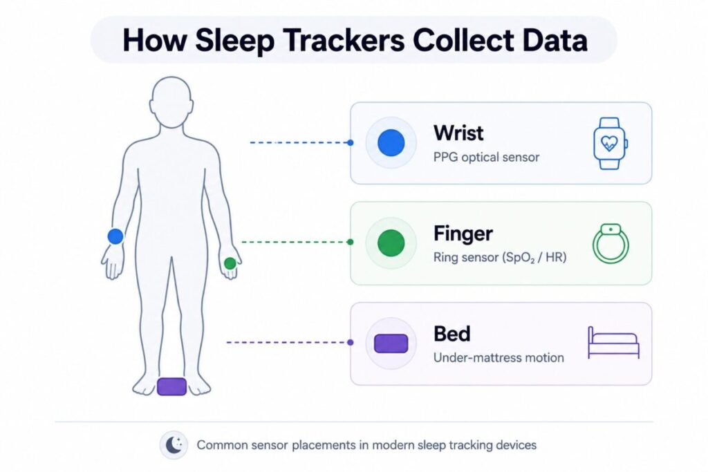 Sleep tracker sensor placement diagram showing wrist PPG sensor, ring sensor on finger, and under‑mattress bed sensor