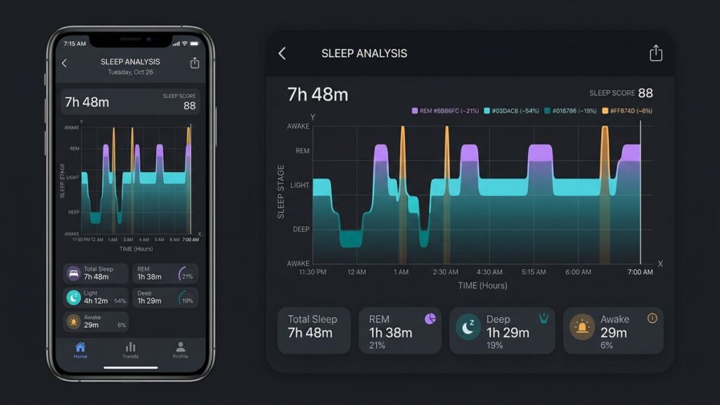 sleep tracker showing REM deep and light sleep stages