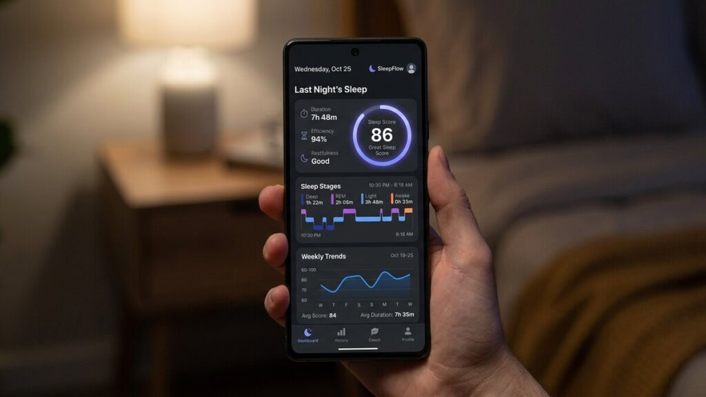 sleep tracker app showing sleep score and sleep stages