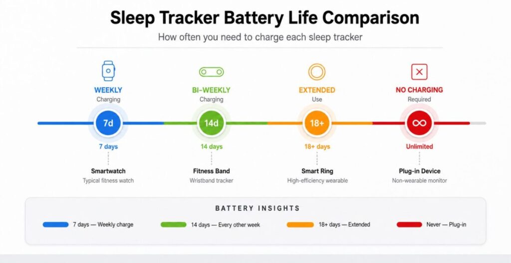 Sleep tracker battery life comparison showing smartwatch, fitness band, ring, and plug-in options