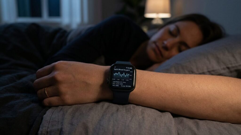 smartwatch displaying overnight SpO2 blood oxygen levels during sleep