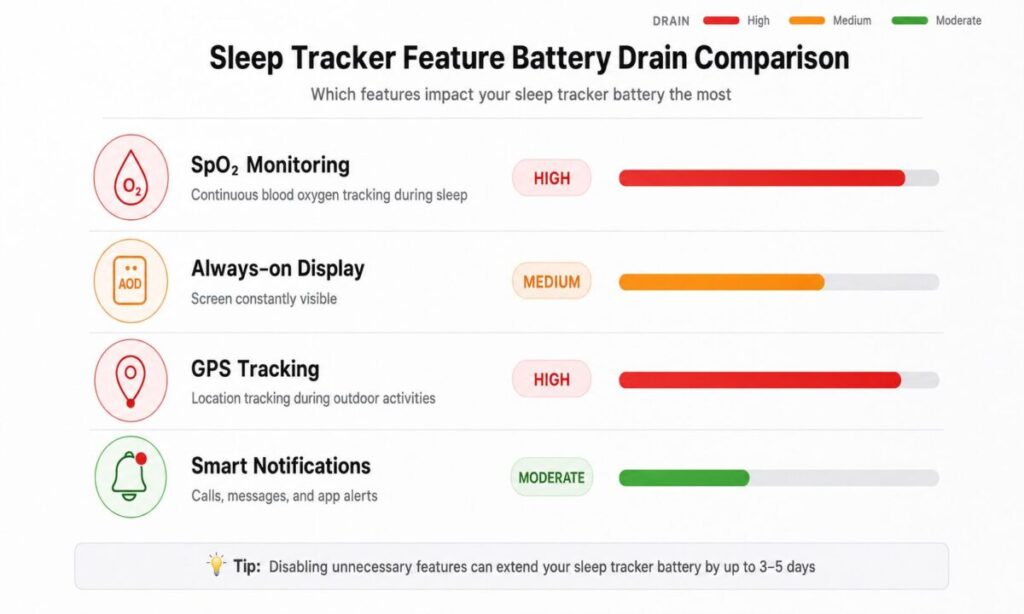 Sleep tracker feature battery drain comparison showing SpO2, GPS, always-on display, and notifications