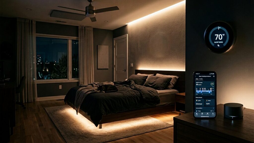 Smart bedroom with sleep tracker app controlling lights and thermostat in sleep mode