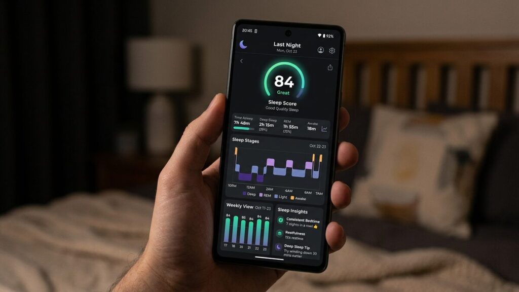 sleep tracker app showing sleep data and insights
