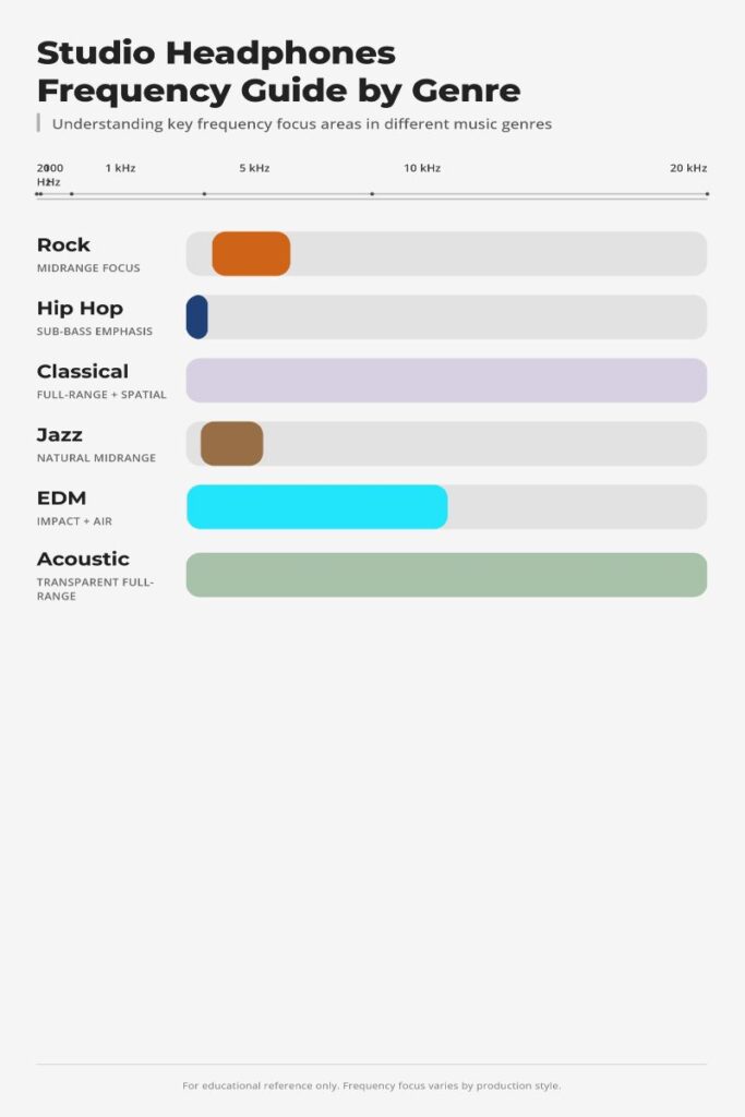 Best Studio Headphones by Music Genre frequency guide showing key ranges for rock hip hop jazz classical and EDM