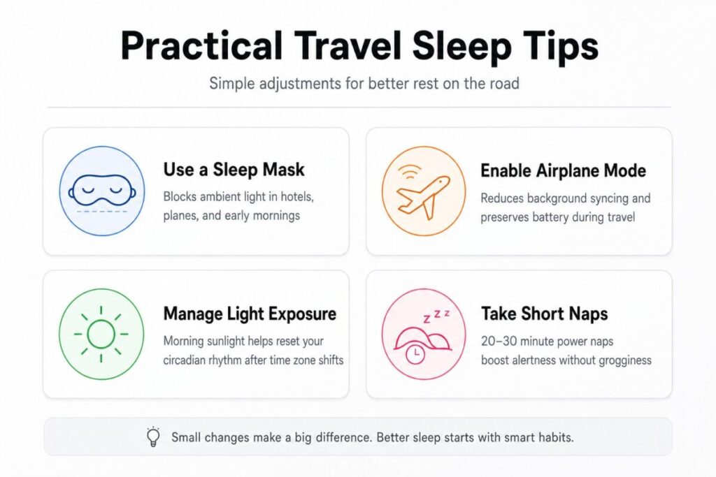 Practical travel sleep tips including sleep mask, airplane mode, light management, and short naps